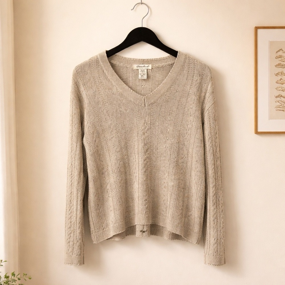 Eddie Bauer Sweater Women Small Beige Linen Cotton V-Neck Pointelle Knit Coastal